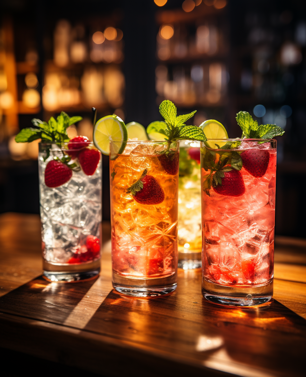 cozy bar quartet of chilled, fruit garnished beverages