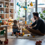 childcare father and child playing indoors